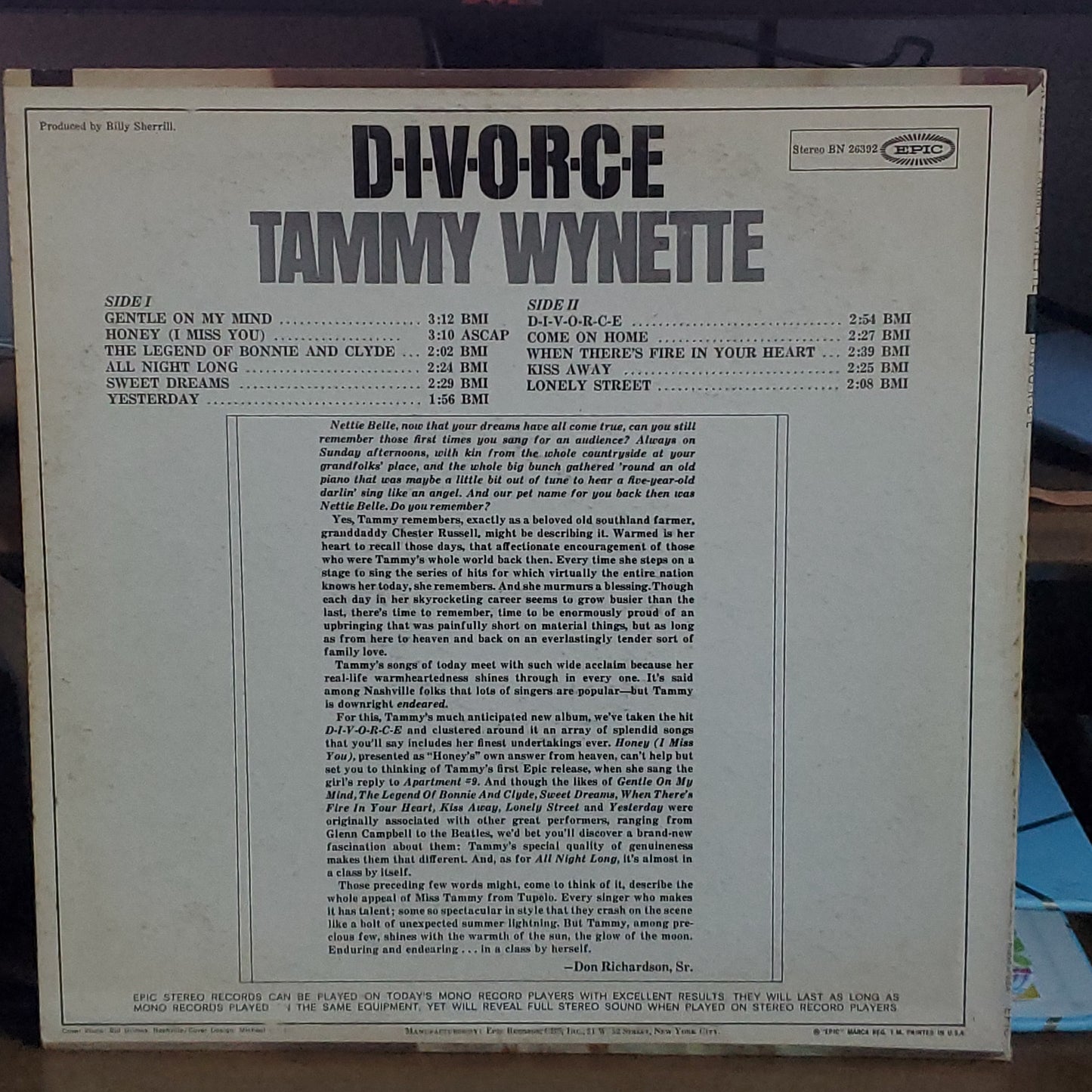 Tammy Wynette D-I-V-O-R-C-E By Epic Stereo Records